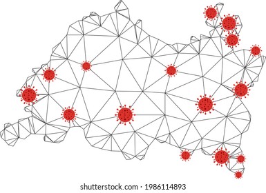 Polygonal mesh Tatarstan map with coronavirus centers. Abstract mesh connected lines and covid- 2019 viruses on Tatarstan map. Vector wireframe flat polygonal network in black and red colors.
