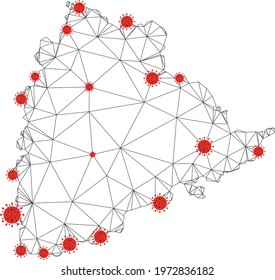 Polygonal mesh Telangana State map with coronavirus centers. Abstract network connected lines and covid viruses form Telangana State map. Vector wireframe 2D polygonal network in black and red colors.