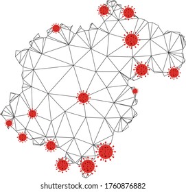 Polygonal mesh Teruel Province map with coronavirus centers. Abstract net connected lines and flu viruses form Teruel Province map. Vector wireframe 2D polygonal network in black and red colors.