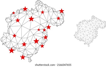 Polygonal mesh Teruel Province map with red star centers. Abstract network connected lines and stars form Teruel Province map. Vector wireframe 2D polygonal network in black and red colors.
