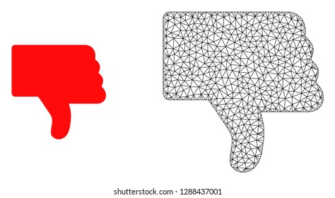 Polygonal mesh thumb down and flat icon are isolated on a white background. Abstract black mesh lines, triangles and nodes forms thumb down icon.