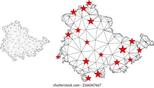 Polygonal mesh Thuringia Land map with red star centers. Abstract mesh connected lines and stars form Thuringia Land map. Vector wireframe flat polygonal network in black and red colors.