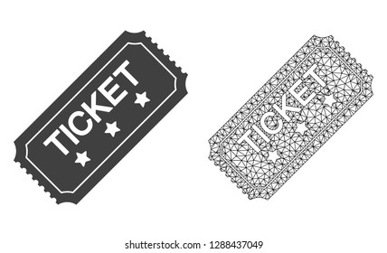 Polygonal mesh ticket and flat icon are isolated on a white background. Abstract black mesh lines, triangles and nodes forms ticket icon.