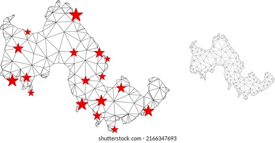 Polygonal mesh Tilos Greek Island map with red star centers. Abstract network connected lines and stars form Tilos Greek Island map. Vector wireframe 2D polygonal network in black and red colors.