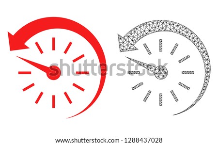 Polygonal mesh time backward and flat icon are isolated on a white background. Abstract black mesh lines, triangles and dots forms time backward icon.
