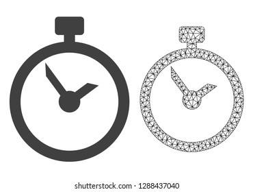 Polygonal mesh time and flat icon are isolated on a white background. Abstract black mesh lines, triangles and nodes forms time icon.