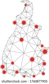 Polygonal mesh Tocantins State map with coronavirus centers. Abstract network connected lines and covid viruses form Tocantins State map.