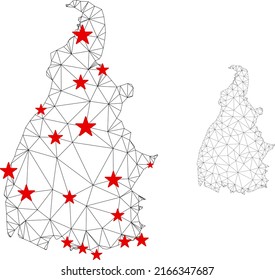 Polygonal mesh Tocantins State map with red star centers. Abstract network connected lines and stars form Tocantins State map. Vector wireframe 2D polygonal network in black and red colors.
