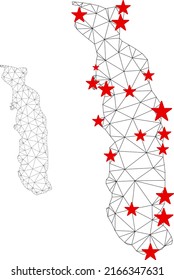 Polygonal mesh Togo map with red star centers. Abstract mesh connected lines and stars form Togo map. Vector wireframe 2D polygonal network in black and red colors.