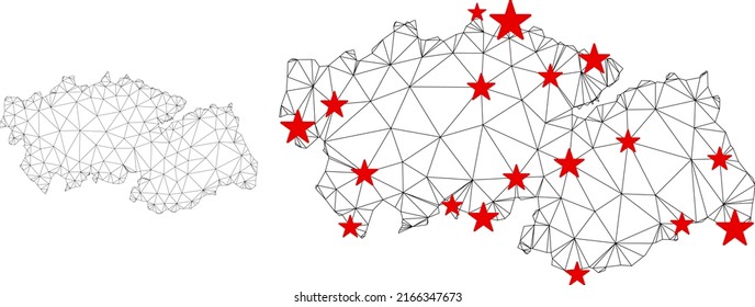Polygonal mesh Toledo Province map with red star centers. Abstract mesh connected lines and stars form Toledo Province map. Vector wireframe 2D triangular network in black and red colors.