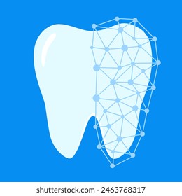 Polygonal mesh tooth on a blue background. Protection of enamel. Dental bleaching. Sensitive repair and whitening teeth.