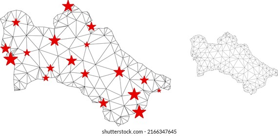 Mapa de malla poligonal de Turkmenistán con centros de estrellas rojas. Resumen de líneas conectadas en malla y estrellas del mapa de Turkmenistán. Vector wireframe red poligonal plana en color negro y rojo.