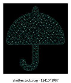 Polygonal mesh umbrella. Abstract lines, triangles and points organized into umbrella. Wire frame 2D polygonal line network in vector format on a dark blue background.