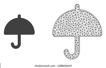 Polygonal mesh umbrella and flat icon are isolated on a white background. Abstract black mesh lines, triangles and dots forms umbrella icon.