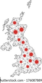 Polygonal mesh United Kingdom map with coronavirus centers. Abstract network lines, triangles and covid- 2019 viruses form United Kingdom map.