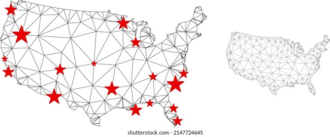 Polygonal mesh United States map with red star centers. Abstract mesh connected lines and stars form United States map. Vector wireframe 2D polygonal network in black and red colors.