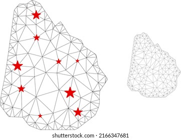 Mapa Uruguay de malla poligonal con centros de estrellas rojas. Resumen de líneas conectadas en red y estrellas del mapa de Uruguay. Red poligonal plana con marco de alambre de vectores en colores negro y rojo.