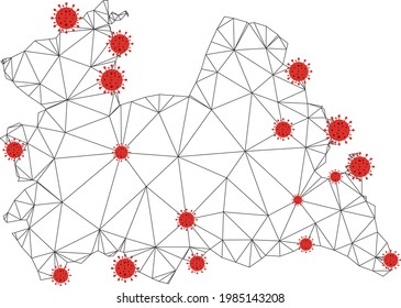 Polygonal Mesh Utrecht Provinz Karte mit Coronavirus Zentren. Abstrakte netzgebundene Linien und lebendige Viren bilden die Landkarte der Provinz Utrecht. Vektor Wireframe flaches polygonal Netzwerk in Schwarz-Rot-Farben.