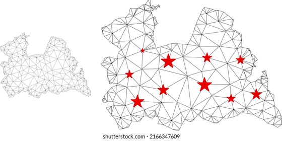 Mapa de la provincia Utrecht de malla poligonal con centros de estrellas rojas. Resumen de líneas conectadas en red y estrellas del mapa de la provincia de Utrecht. Red poligonal plana con marco de alambre de vectores en colores negro y rojo.