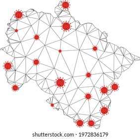Polygonal mesh Uttarakhand State map with coronavirus centers. Abstract network connected lines and covid viruses form Uttarakhand State map.