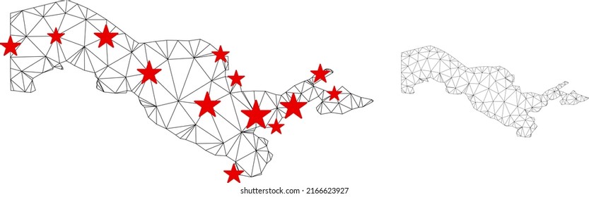 Polygonal mesh Uzbekistan map with red star centers. Abstract network connected lines and stars form Uzbekistan map. Vector wireframe 2D polygonal network in black and red colors.