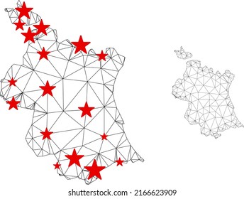 Polygonal mesh Valencia Province map with red star centers. Abstract network connected lines and stars form Valencia Province map. Vector wireframe 2D polygonal network in black and red colors.