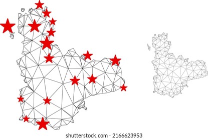 Polygonal mesh Valladolid Province map with red star centers. Abstract mesh connected lines and stars form Valladolid Province map. Vector wireframe flat polygonal network in black and red colors.