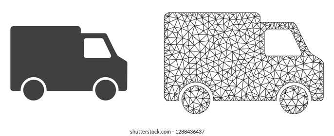 Polygonal mesh van car and flat icon are isolated on a white background. Abstract black mesh lines, triangles and dots forms van car icon.