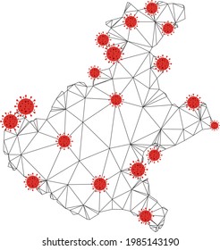 Polygonal mesh Veneto region map with coronavirus centers. Abstract mesh connected lines and flu viruses form Veneto region map. Vector wire frame flat polygonal network in black and red colors.