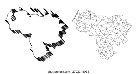 Malla poligonal Mapa de Venezuela Líneas de malla Abstractas y mapa de forma sólida Marco de alambre de Vector colores blanco y negro