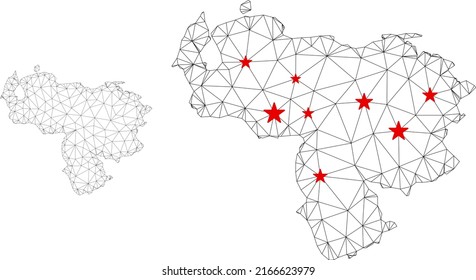 Polygonal mesh Venezuela map with red star centers. Abstract network connected lines and stars form Venezuela map. Vector wire frame flat polygonal network in black and red colors.