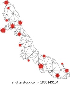 Polygonal mesh Veracruz State map with coronavirus centers. Abstract mesh connected lines and covid viruses form Veracruz State map. Vector wire frame flat polygonal network in black and red colors.