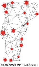 Mapa del estado de Vermont de malla poligonal con centros de coronavirus. Resumen de líneas conectadas a la red y virus de la gripe de Vermont State map. Red poligonal 2D del marco de cables vectores en colores negro y rojo.