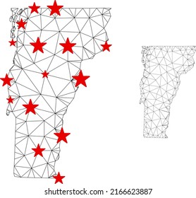 Mapa del estado de Vermont de malla poligonal con centros de estrellas rojas. Resumen de las líneas conectadas en malla y estrellas de Vermont State map. Red poligonal 2D de marco de alambre de vectores en colores negro y rojo.