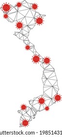 Polygonal Mesh Vietnam Karte mit Coronavirus Zentren. Abstrakte vernetzte Linien und covid-2019 Viren bilden die Vietnam-Karte. Vektordrahtrahmen 2D Polygonnetz in Schwarz-Rot-Farben.