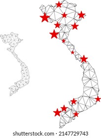 Polygonal mesh Vietnam map with red star centers. Abstract network connected lines and stars form Vietnam map. Vector wireframe 2D polygonal network in black and red colors.