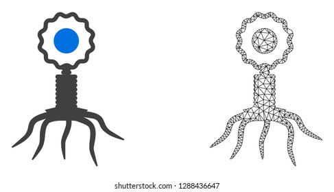 Polygonal mesh virus cell and flat icon are isolated on a white background. Abstract black mesh lines, triangles and nodes forms virus cell icon.