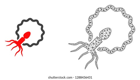 Polygonal mesh virus penetrating cell and flat icon are isolated on a white background. Abstract black mesh lines, triangles and nodes forms virus penetrating cell icon.