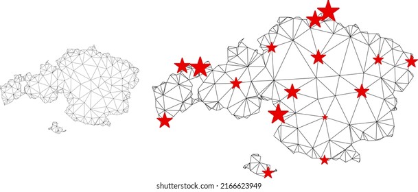 Polygonal mesh Vizcaya Province map with red star centers. Abstract network connected lines and stars form Vizcaya Province map. Vector wire frame 2D polygonal network in black and red colors.