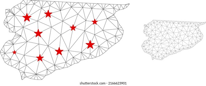 Polygonal mesh Warmian-Masurian Voivodeship map with red star centers. Abstract mesh connected lines and stars form Warmian-Masurian Voivodeship map.