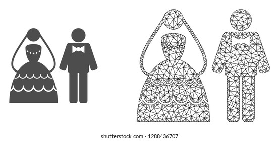 Polygonal mesh wedding couple and flat icon are isolated on a white background. Abstract black mesh lines, triangles and nodes forms wedding couple icon.