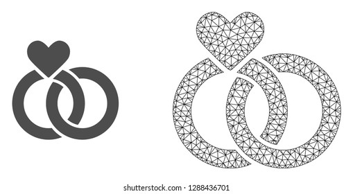 Polygonal mesh wedding rings and flat icon are isolated on a white background. Abstract black mesh lines, triangles and dots forms wedding rings icon.