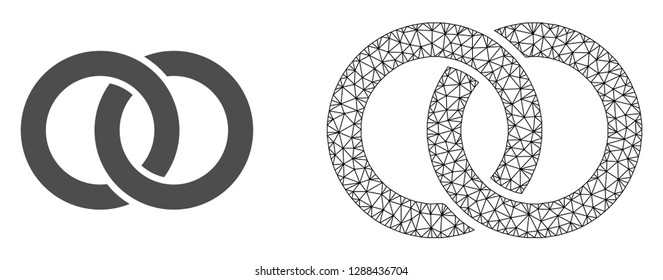 Polygonal mesh wedding rings and flat icon are isolated on a white background. Abstract black mesh lines, triangles and dots forms wedding rings icon.