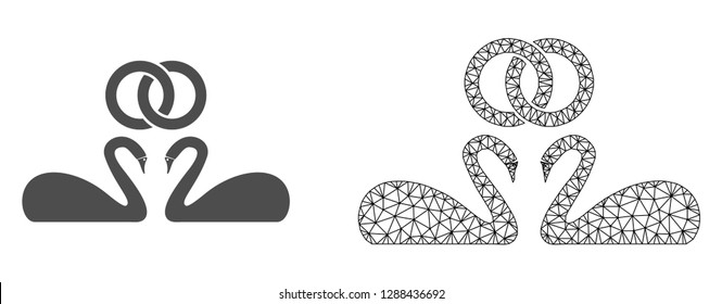 Polygonal mesh wedding swans and flat icon are isolated on a white background. Abstract black mesh lines, triangles and nodes forms wedding swans icon.