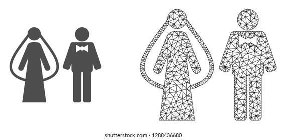 Polygonal mesh weds persons and flat icon are isolated on a white background. Abstract black mesh lines, triangles and dots forms weds persons icon.