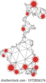 Polygonal mesh West Bengal State map with coronavirus centers. Abstract mesh connected lines and flu viruses form West Bengal State map.