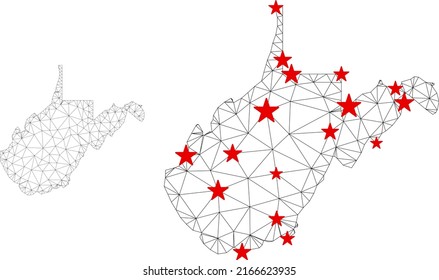 Polygonal mesh West Virginia State map with red star centers. Abstract network connected lines and stars form West Virginia State map. Vector wireframe flat polygonal network in black and red colors.