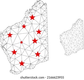 Polygonal mesh Western Australia map with red star centers. Abstract mesh connected lines and stars form Western Australia map. Vector wireframe 2D polygonal network in black and red colors.