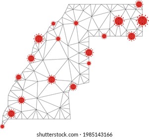 Polygonal mesh Western Sahara map with coronavirus centers. Abstract mesh connected lines and covid viruses form Western Sahara map. Vector wireframe flat polygonal network in black and red colors.