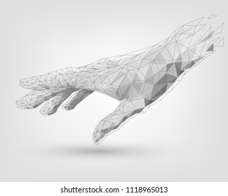 Polygonal mesh white human hand, technology, modeling